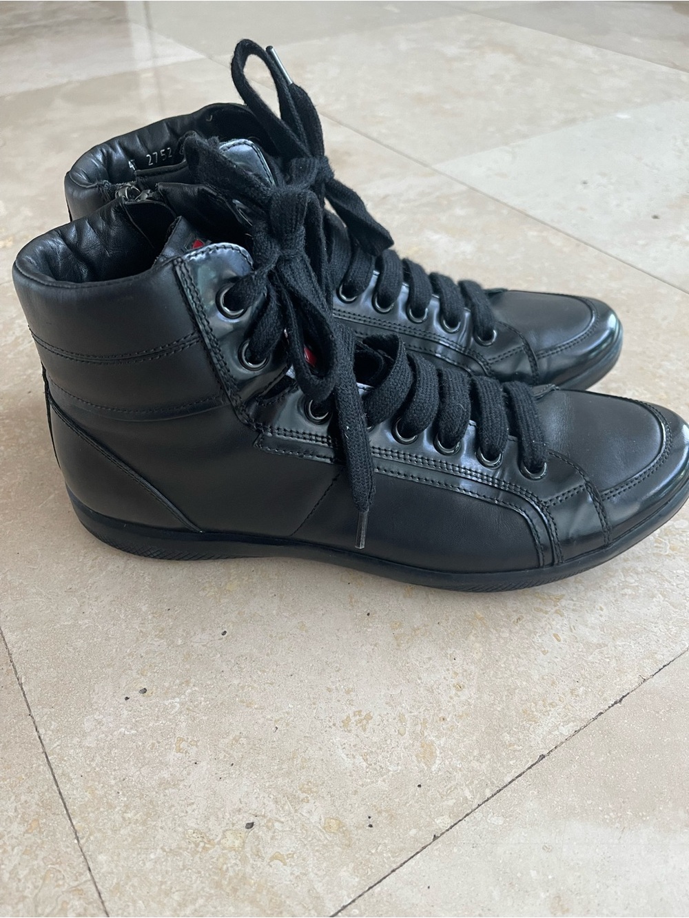 Prada Black Leather High Top Sneakers Red Logo Tab - Picture 3 of 10